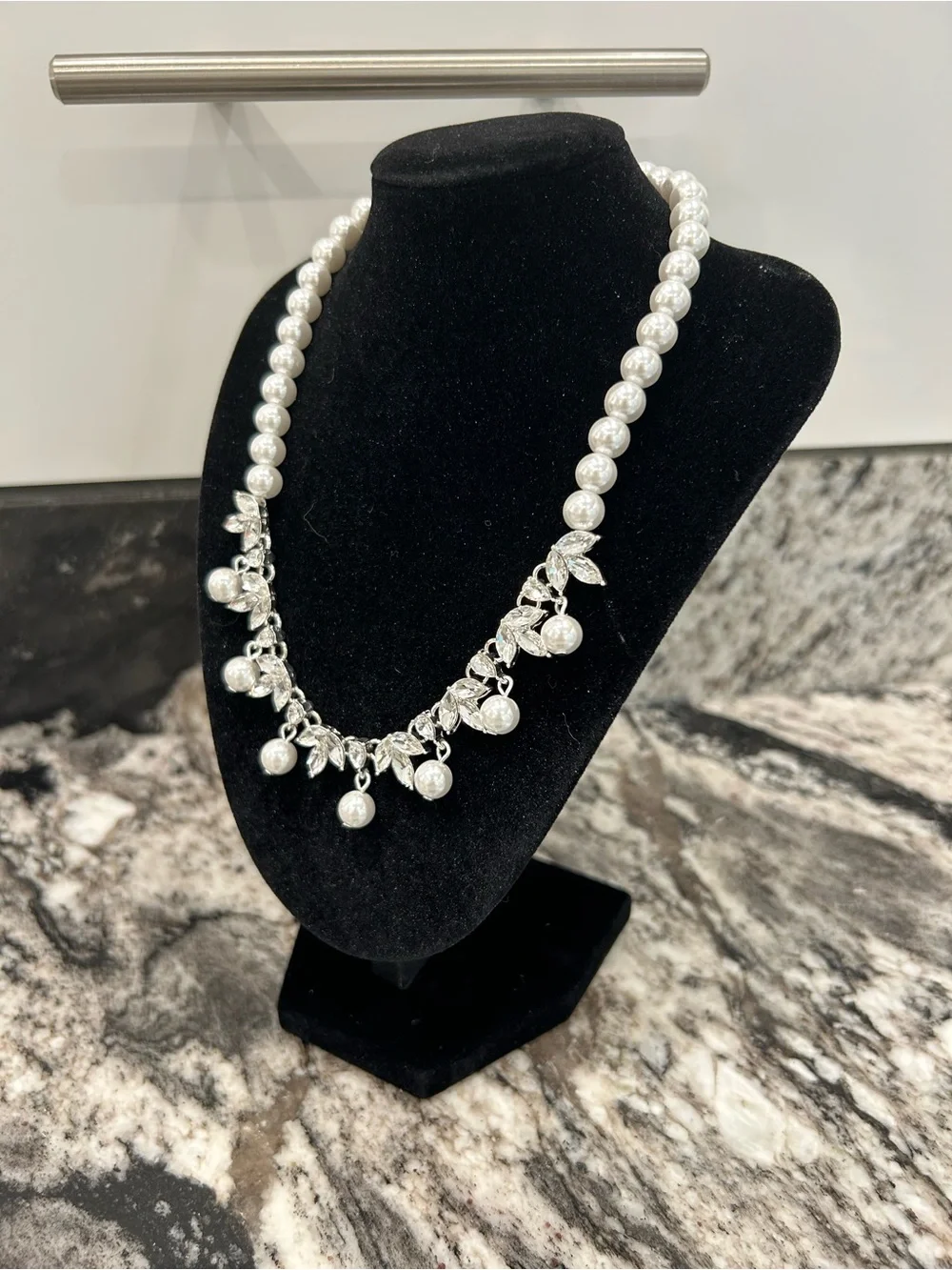 Pearl and Silver Leaf Drop Necklace - White